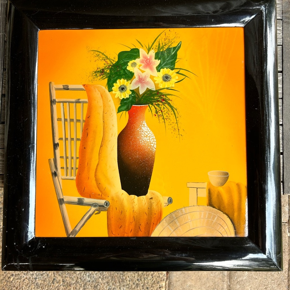 Bold Orange Gold flower arrangement. Black frame contrast